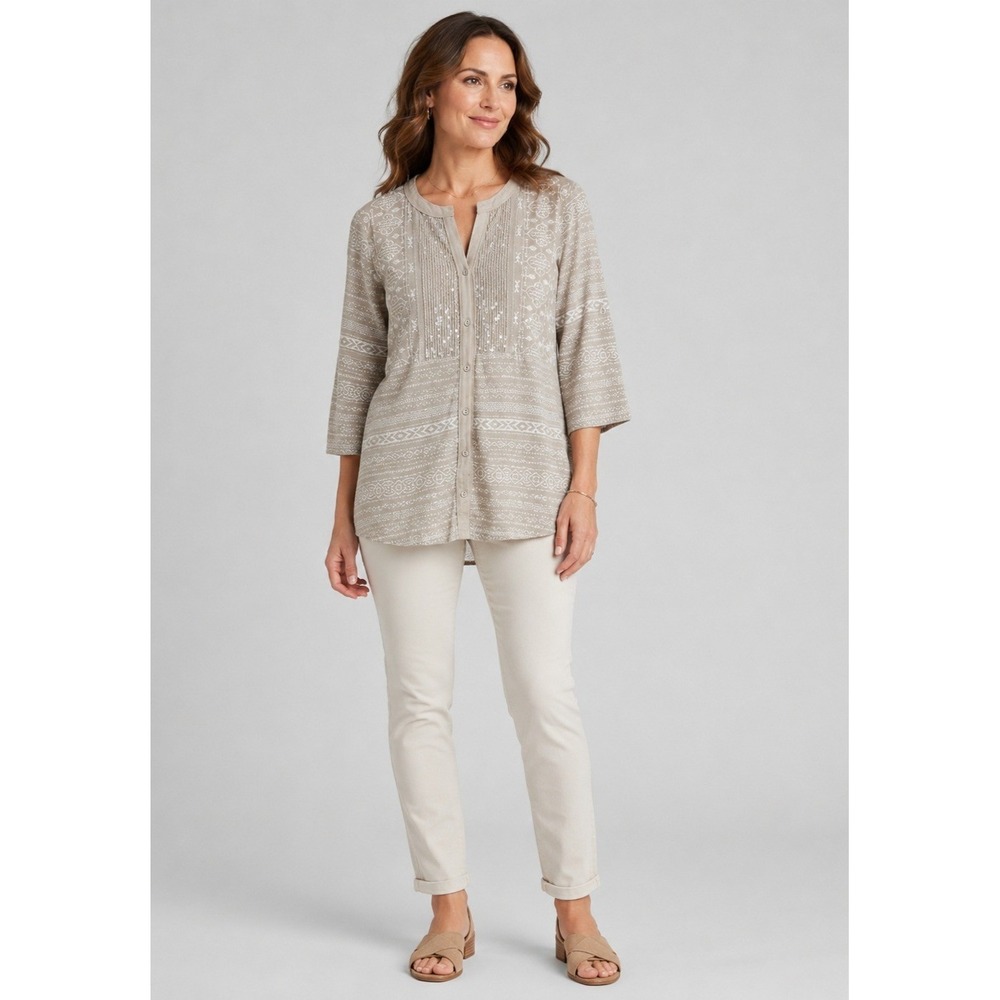 STYLE & CO Blouse Womens Small Beige Embroidered Sequined V-Neck Button Front
